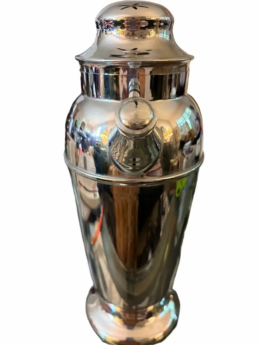 Art Deco chrome vintage cocktail shaker Bakelite red handle. 12” high